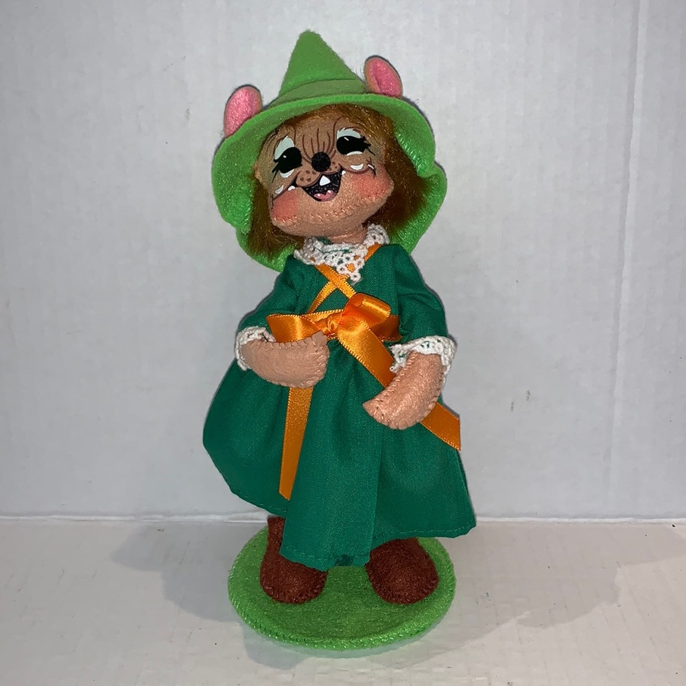 Annalee Green Mouse Figurine with Orange Ribbon